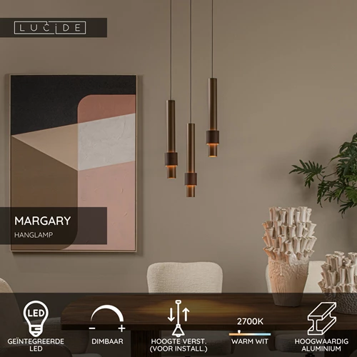 Lucide MARGARY - Hanglamp - Ø 28 cm - LED Dimb. - 3x4W 2700K - Koffie - USP